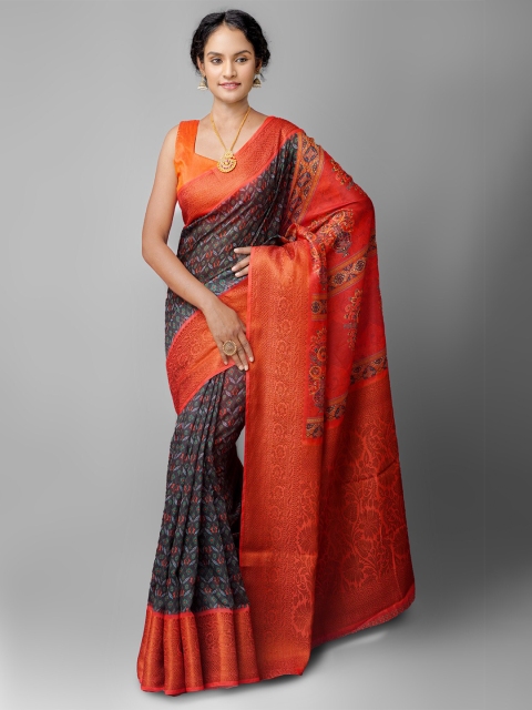 

Unnati Silks Black & Red Kalamkari Zari Silk Cotton Maheshwari Saree