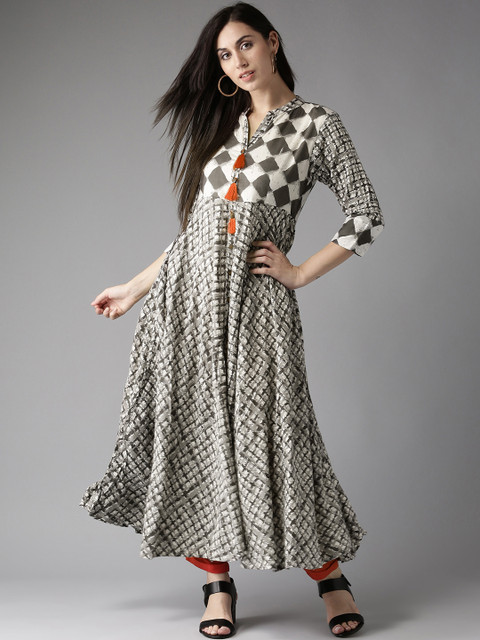

HERE&NOW Women Grey & Off-White Checked Anarkali Kurta