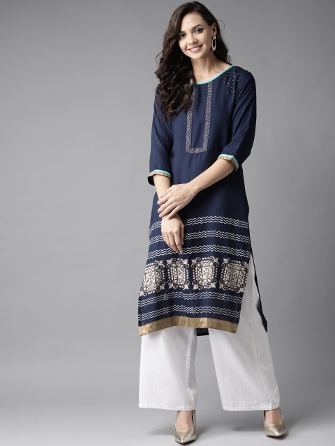 

HERE&NOW Women Navy Blue & White Handblock Print Straight Kurta