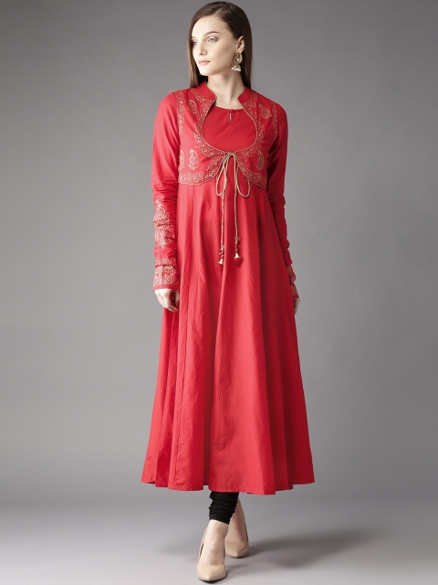 

HERE&NOW Women Ethnic Prints Anarkali Kurta with Waistcoat in Cotton, Red