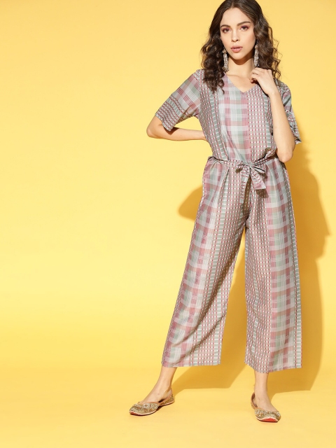 

ZIYAA Tan Brown & Sea Green Checked Basic Jumpsuit With Belt