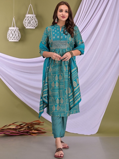 

EtnicaWear Women Turquoise Blue Floral Embroidered Pure Cotton Kurta with Trousers & With Dupatta