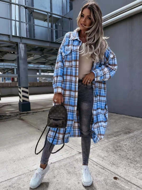 

BoStreet Women Blue Checked Longline Padded Jacket with Patchwork