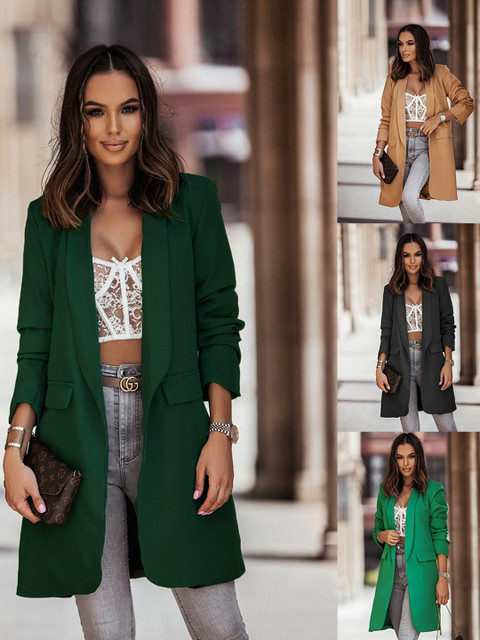 

BoStreet Women Green Striped Longline Open Front Jacket with Patchwork