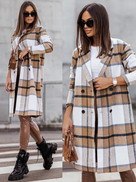 

BoStreet Women Khaki Checked Longline Tailored Jacket with Patchwork