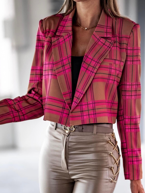 

BoStreet Women Pink Checked Crop Tailored Jacket