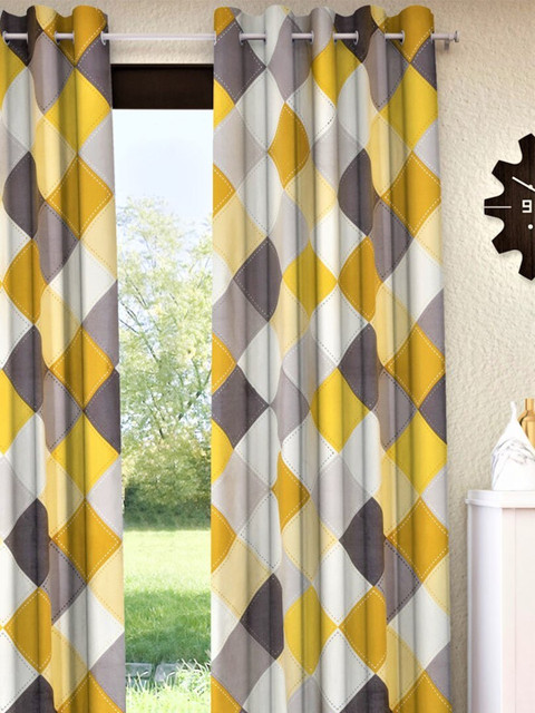 

Home Sizzler Yellow & Grey Geometric Cotton Room Darkening Door Curtain