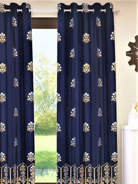 

Home Sizzler Navy Blue & White Floral Cotton Room Darkening Window Curtain