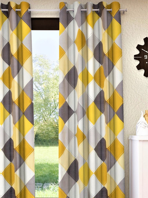 

Home Sizzler Yellow & Grey Geometric Cotton Room Darkening Long Door Curtain