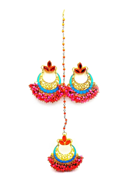 

Kshitij Jewels Gold-Plated Meenakari Maang Tika And Earrings