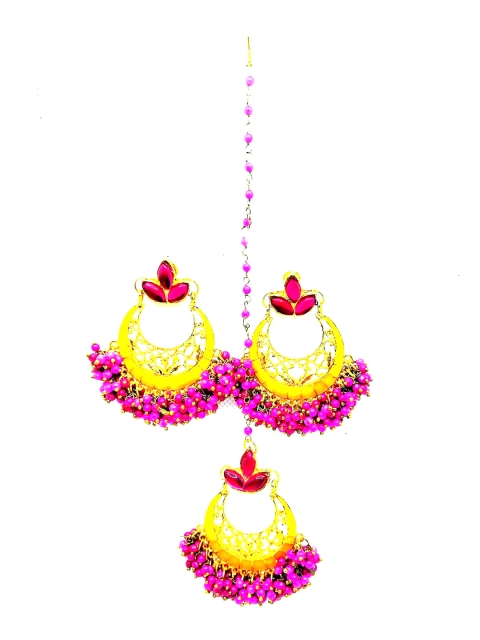 

Kshitij Jewels Gold-Plated Meenakari Maang Tika And Earrings