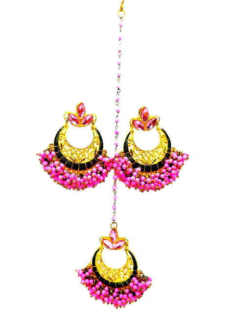 

Kshitij Jewels Gold Plated Pink Kundan Studded Meenakari Maang Tika and Earrings Set