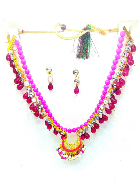 

Kshitij Jewels Gold-Plated Fuchsia-Pink & White Crystals Stone-Studded & Beaded Jewellery Set