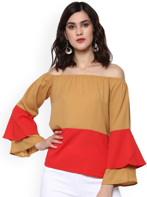 

SASSAFRAS Women Beige Colourblocked Bardot Top