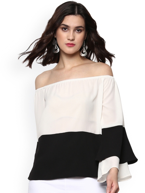 

SASSAFRAS Women Off-White & Black Colourblocked Bardot Top