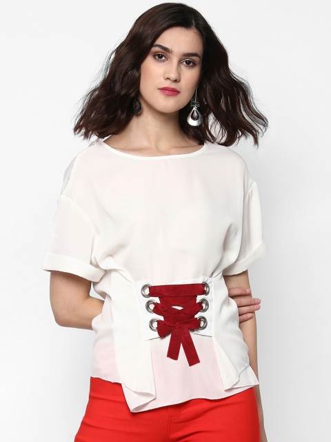 

SASSAFRAS Women Off-White Cinched Waist Top