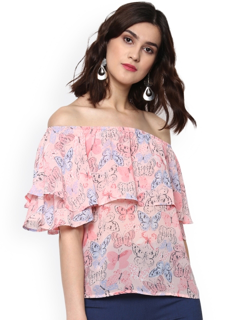 

SASSAFRAS Women Pink Butterfly Print Bardot Top