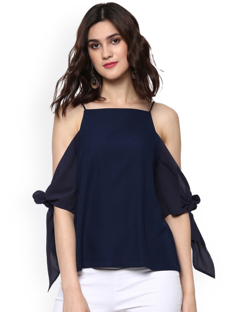 

SASSAFRAS Women Navy Blue Solid Cold-Shoulder Top