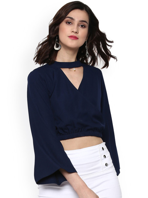 

SASSAFRAS Women Navy Blue Solid Crop Cinched Waist Top