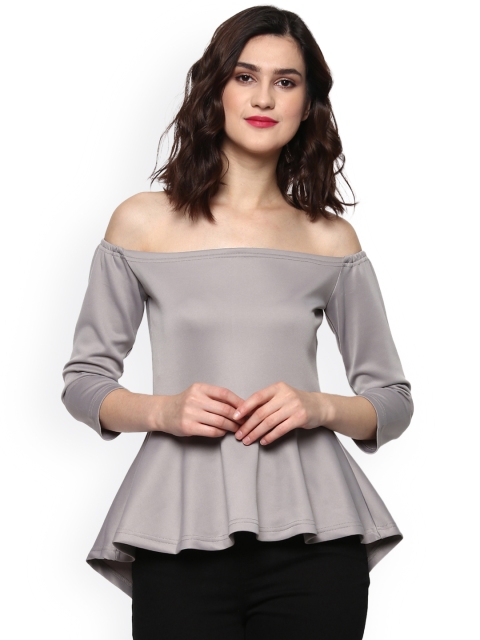 

SASSAFRAS Women Grey Off-Shoulder Peplum Top