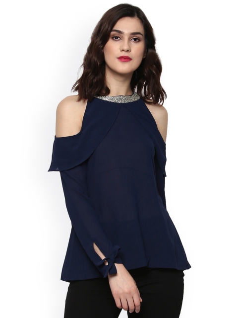 

SASSAFRAS Women Navy Blue Solid Cold-Shoulder Top