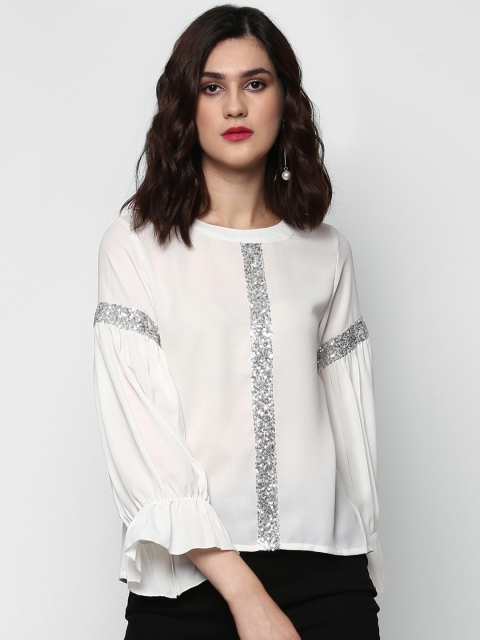 

SASSAFRAS Women White Sequinned Top
