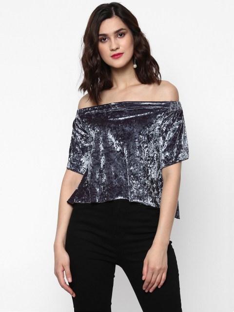 

SASSAFRAS Women Grey Velvet Finish Bardot Top