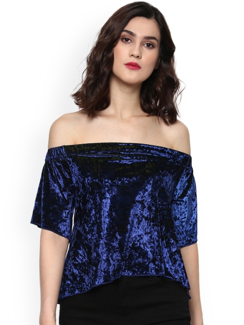 

SASSAFRAS Women Navy Solid Velvet Finish Bardot Top, Navy blue