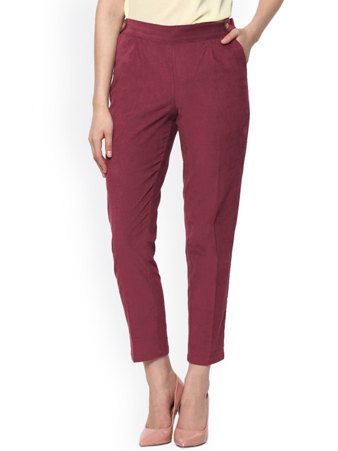 

SASSAFRAS Women Maroon Pencil Slim Fit Corduroy Cigarette Trousers