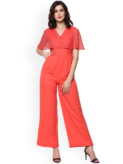 

SASSAFRAS Coral Pink Jumpsuit with Lace Detail