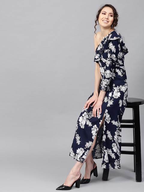

SASSAFRAS Women Navy Blue & White Floral Print Fit & Flare Dress