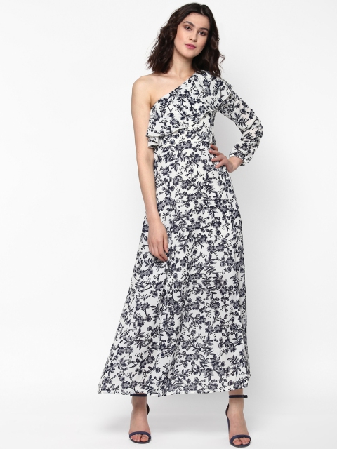 

SASSAFRAS Women White & Navy Printed One Shoulder Maxi Dress