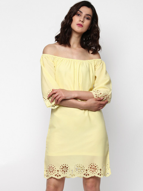 

SASSAFRAS Women Yellow Solid Bardot Sheath Dress