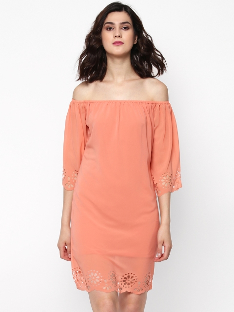 SASSAFRAS Women Coral Pink Bardot Sheath Dress