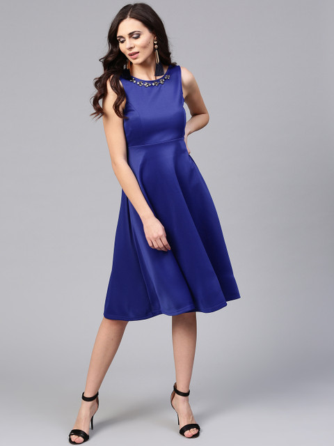 

SASSAFRAS Women Navy Embellished Fit & Flare Dress, Navy blue
