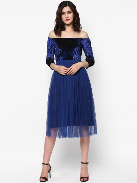 

SASSAFRAS Women Navy Solid Off-Shoulder Velvet Finish Fit and Flare Dress, Navy blue