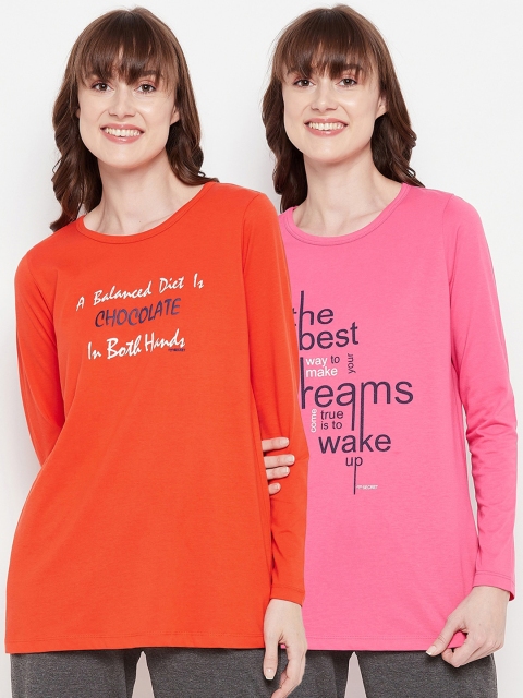 

MADAME M SECRET Women Pack of 2 Orange & Pink Printed Cotton Lounge T-shirt