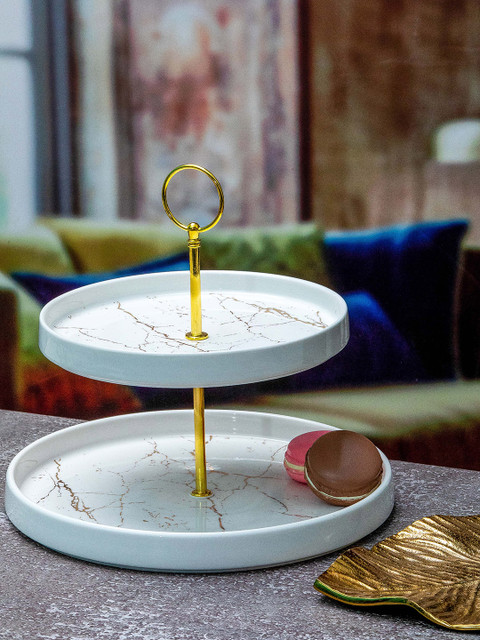 

White Gold White & Gold Marble Porcelain Cake Stand with Marble Print