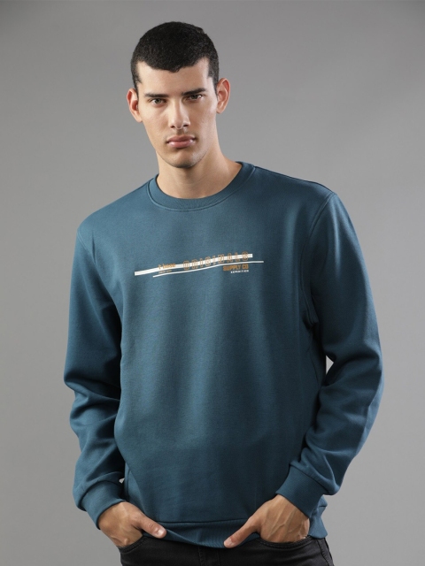 

t-base Men Blue Printed Fleece Round Neck Sweatshirt