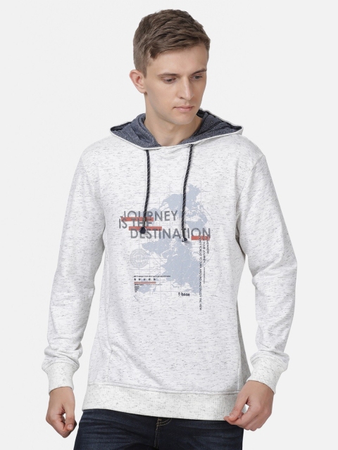 

t-base Men Grey Melange Printed Cotton Hooded Sweatshirt