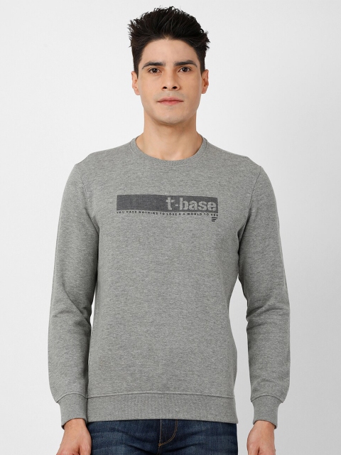 

t-base Men Grey Melange Cotton Printed Sweatshirt