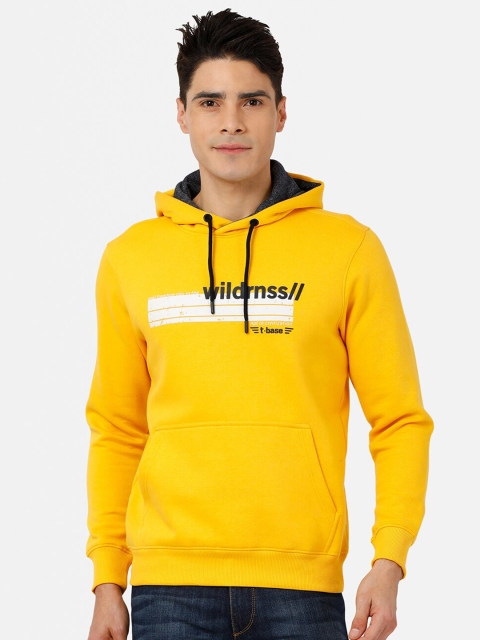 

t-base Men Yellow Printed Hooded Cotton Sweatshirt