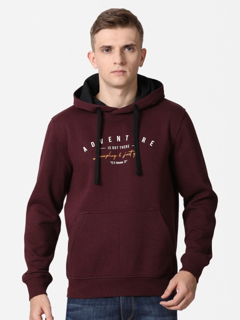 

t-base Men Maroon Printed Hooded Cotton Sweatshirt