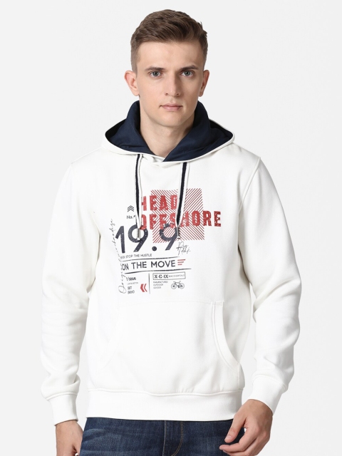 

t-base Men Off White Printed Hooded Cotton Sweatshirt