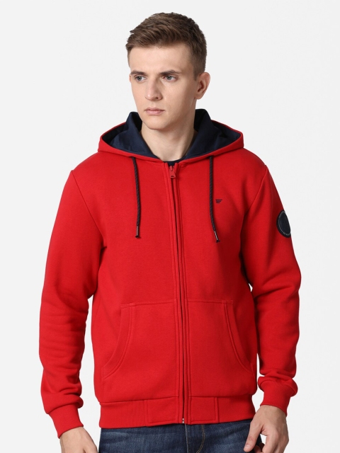 

t-base Men Red Solid Hooded Front-Open Sweatshirt
