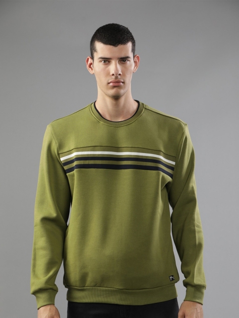

t-base Men Green Striped Round Neck Sweatshirt