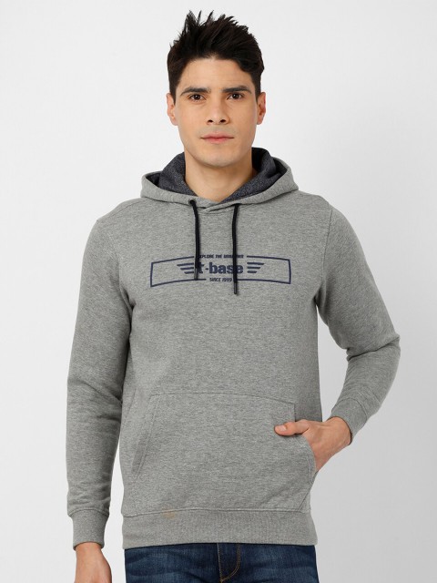 

t-base Men Plus Size Grey Melange Printed Hooded Cotton Sweatshirt