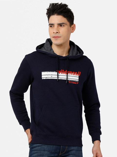 

t-base Men Plus Size Navy Blue Printed Hooded Cotton Sweatshirt