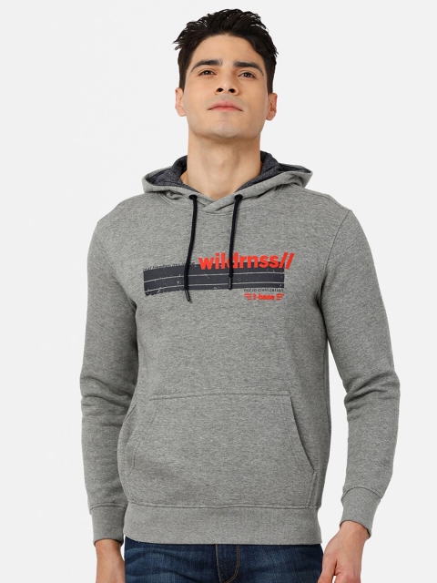 

t-base Men Plus Size Grey Melange Printed Cotton Hooded Sweatshirt