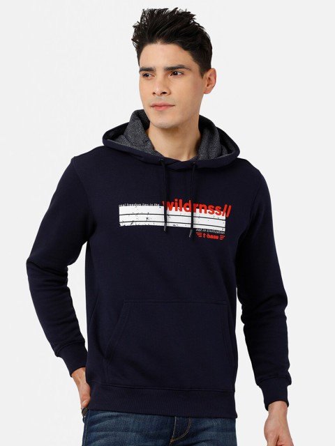 

t-base Men Navy Blue Printed Cotton Hooded Sweatshirt